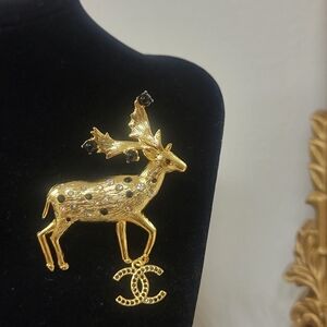 Gold Deer Brooch with Black Accents